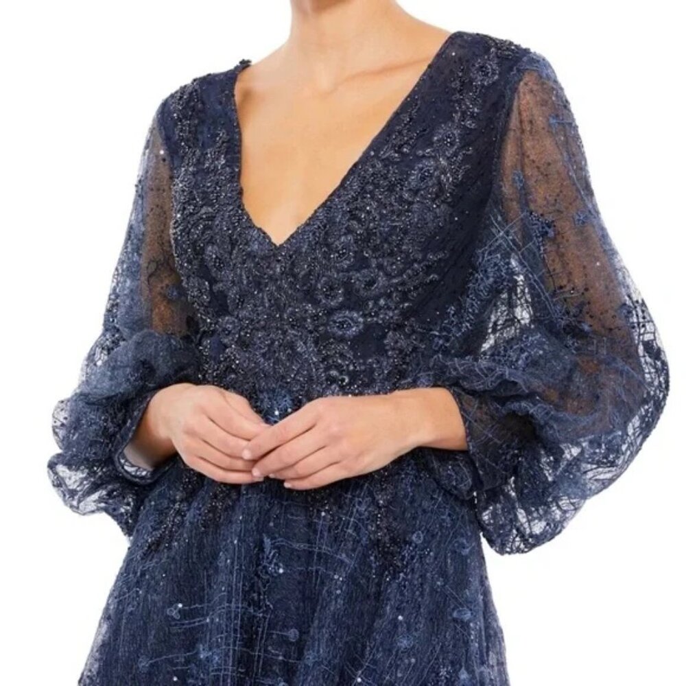 NWT Mac Duggal 20283 Size Navy V Neck Puff Sleeve Embroidered A Line Gown 14 - Picture 2 of 7